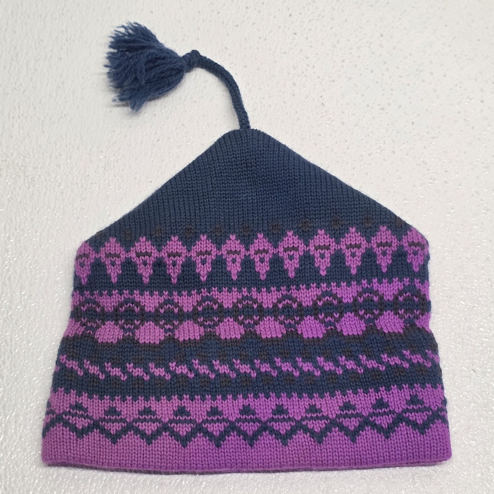 Capello Dark Blue Purple Pattern Wool Ski Winter Hat Beanie Made In Canada